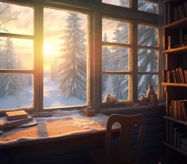 View through the window of a cottage into a snowcovered winter forest Created with Generative AI technology