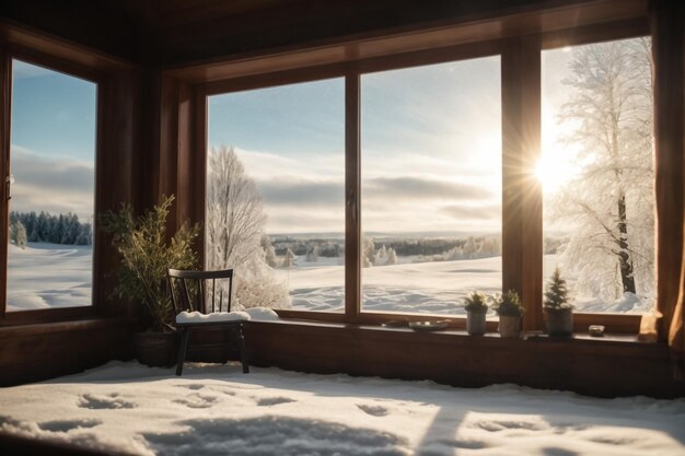 雪で覆われた冬の森を小屋の窓から眺める