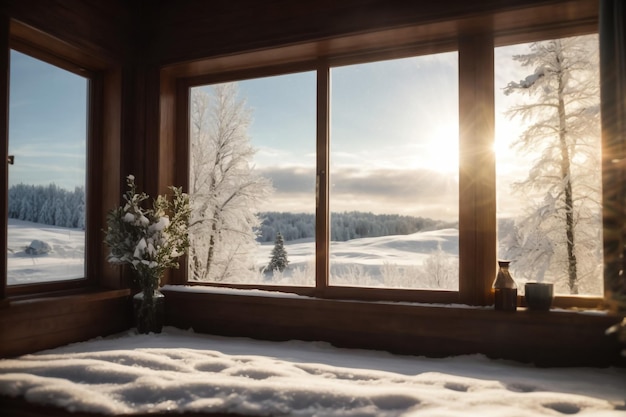 雪で覆われた冬の森を小屋の窓から眺める