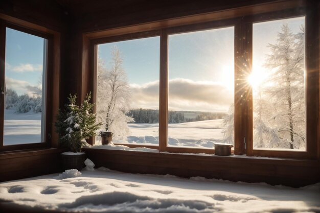 雪で覆われた冬の森を小屋の窓から眺める