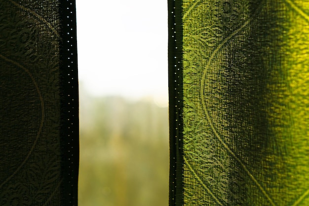 View through window with green curtains background