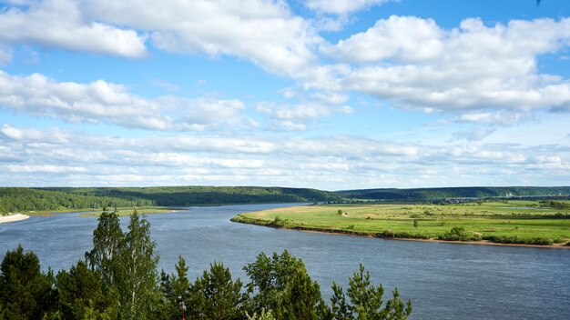 View of Tom River and cloudy sky. Tomsk. Russia.