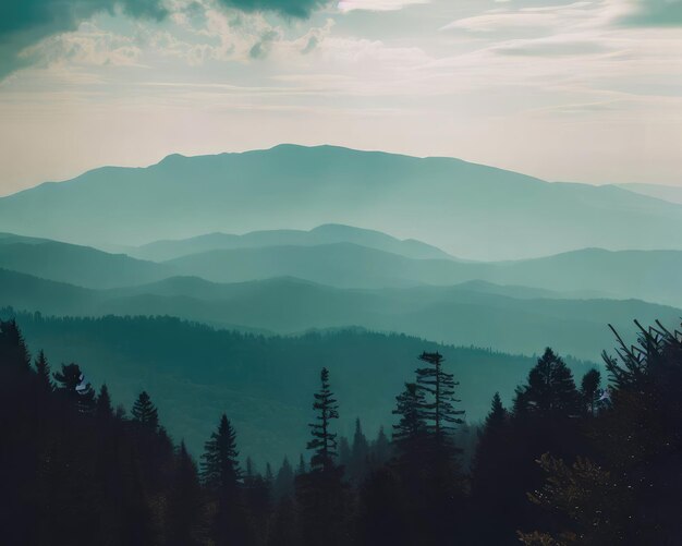 A view over the tops of trees to the Smoky Mountain