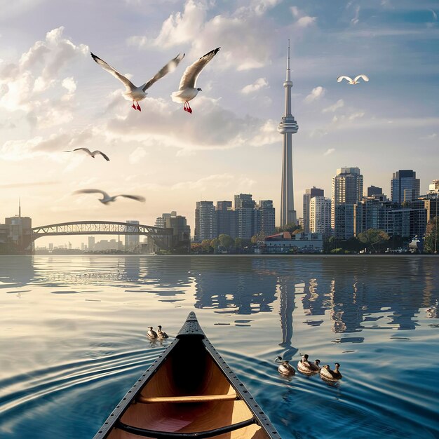Photo view of toronto harbourfront from a canoe