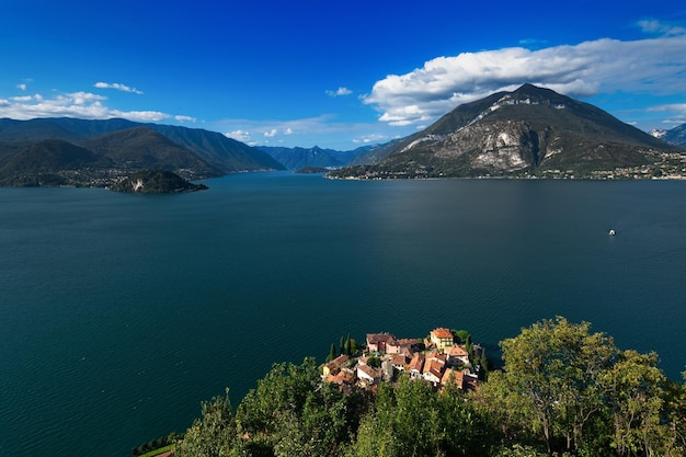 View towards Bellagio division between lake branch of Lecco and Como with the houses of Varenna