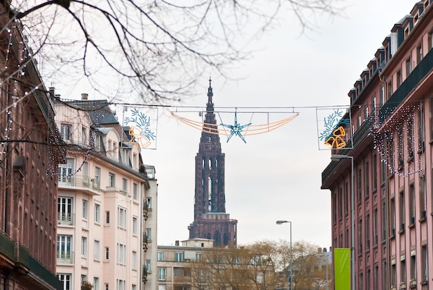 View on tower of Strasbourg Cathedral above the Old Town