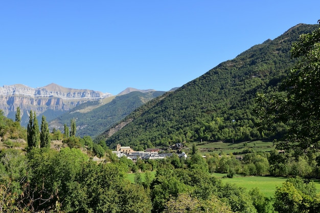 View of the town of Broto from Oto, Huesca province, Aragon, Spain