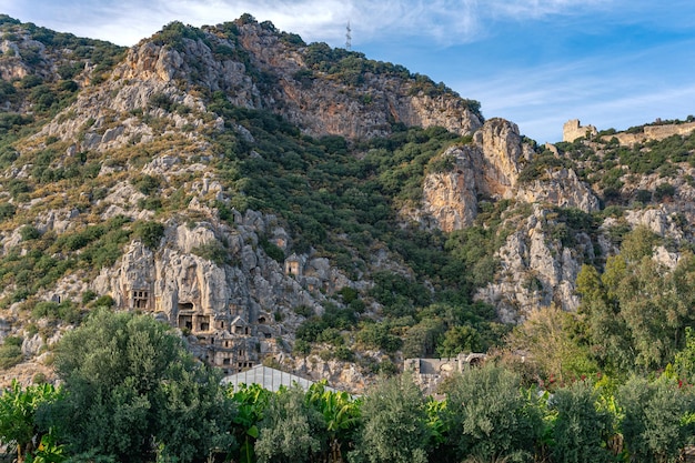 前景に温室とバナナ園、背景に岩の多いネクロポリスがあるトルコのデムレの町の眺め