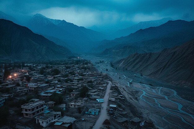 A view of a town in the middle of a mountain range