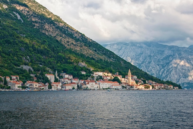 View town of Perast at Bay of Kotor , Montenegro.