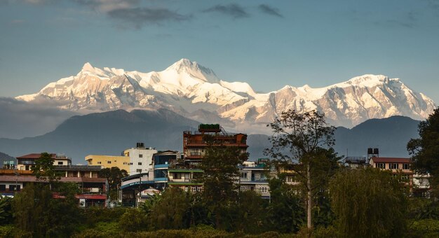 View of townscape against mountain range