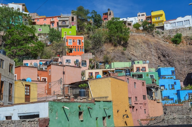 View of the traditional colorful houses of the charming city of Guanajuato