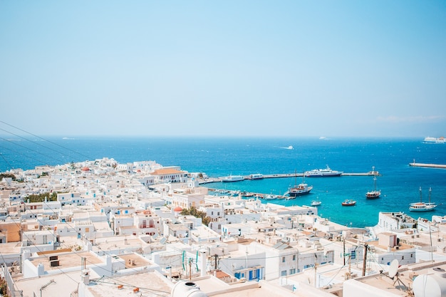 View of traditional greek village with white houses on Mykonos Island, Greece, Europe