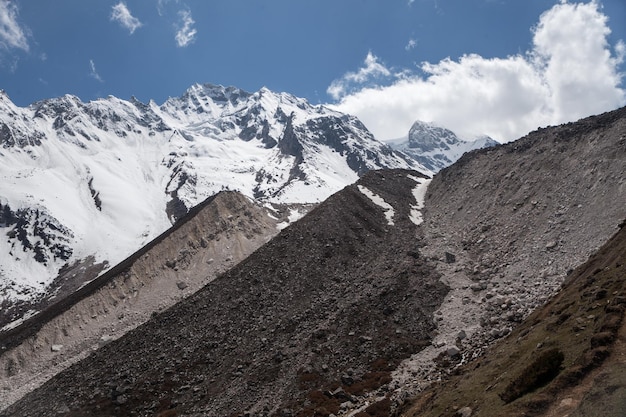 View of the trail between high mountain snow-capped peaks in the Himalayas in the Manaslu region
