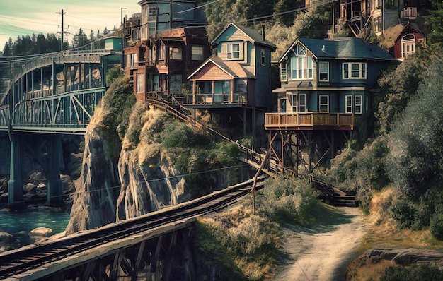 a view of a train bridge with cliffs and houses