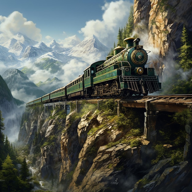 view of the train on the mountains and the edge of the cliff