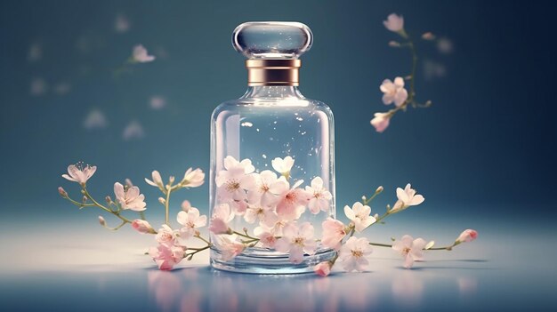 평평한 배경으로 꽃으로 둘러싸인 투명한 병의 전망