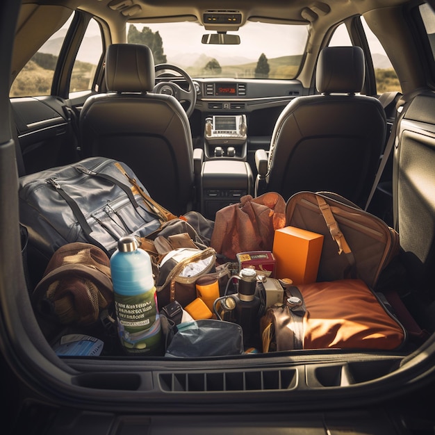 View of travel items inside car ready for trip