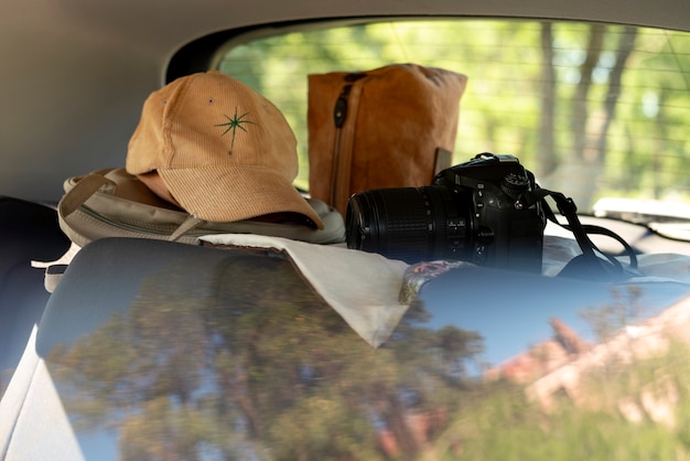 View of travel items inside car ready for trip