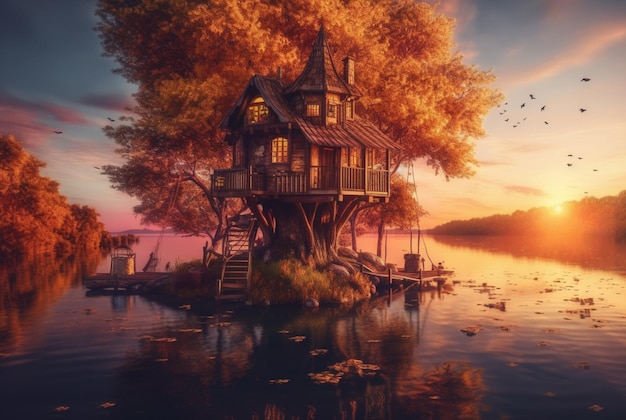 View of tree house on lake with sunset beauty generative ai