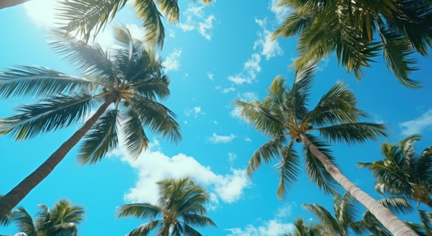 a view of trees from below to a blue sky palm trees