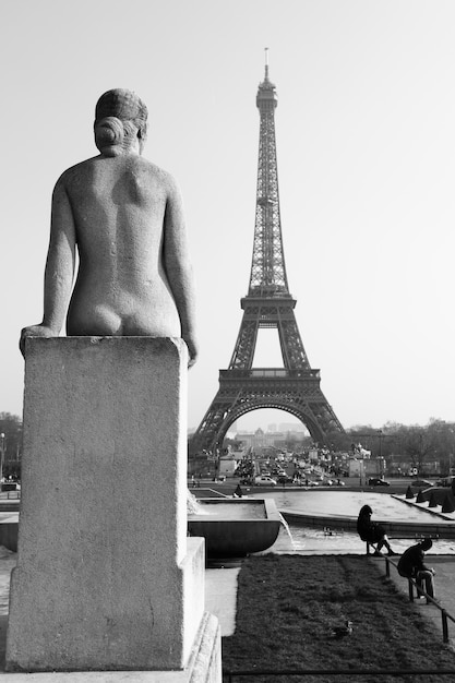 View of Trocadero and Eiffel tower in Paris. Black and white image