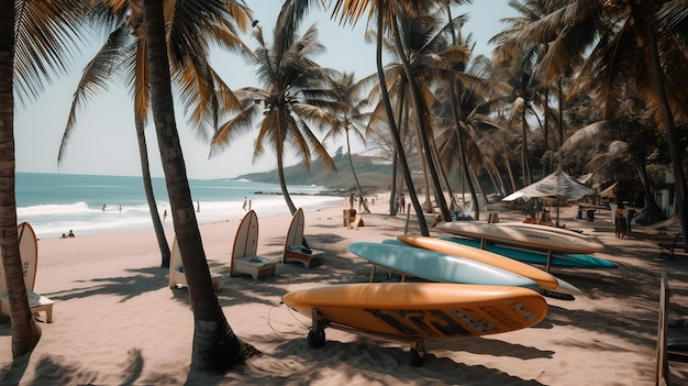 Вид на тропический пляж для серфинга, генеративный ай