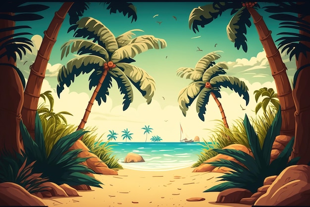 ココヤシの木と熱帯のビーチの眺め