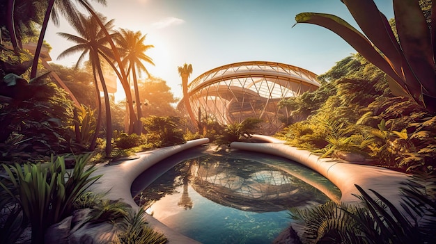 A view of a tropical garden with a pool and trees.