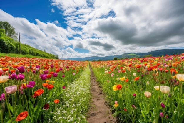 生成 AI で作成された、色とりどりの花とふわふわの雲が空に浮かぶチューリップ畑の眺め