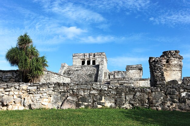 View of Tulum ruins in Mexico with blue sky