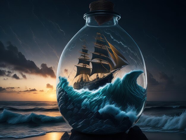 ボトルの中の船を描いた海の波動の景色 - AIジェネレーティブ