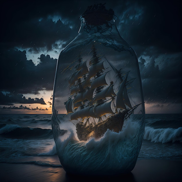 View of turbulent swells of a violent ocean storm inside glass bottle