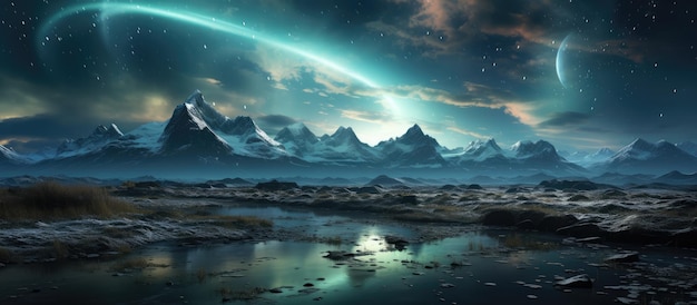 Photo view of turquoise aurora shining in the evening sky over mountains with sandy beaches background soft light