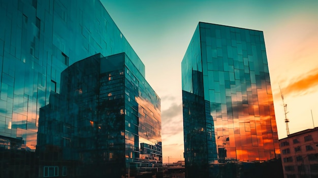 Photo a view of two high building at sunset in the city