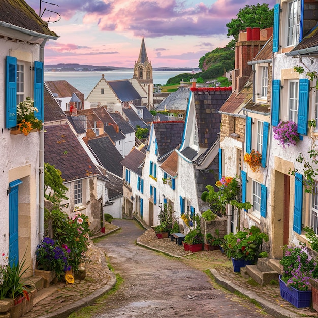 Photo view of a typical brittany village on an island brittany france