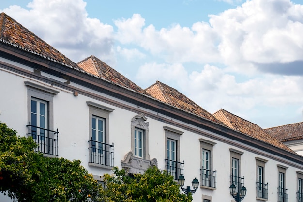 View of typical old European city buildings of the old town in Faro, Portugal.