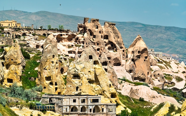 View of Uchisar town and castle from Pigeon Valley in Cappadocia, Turkey