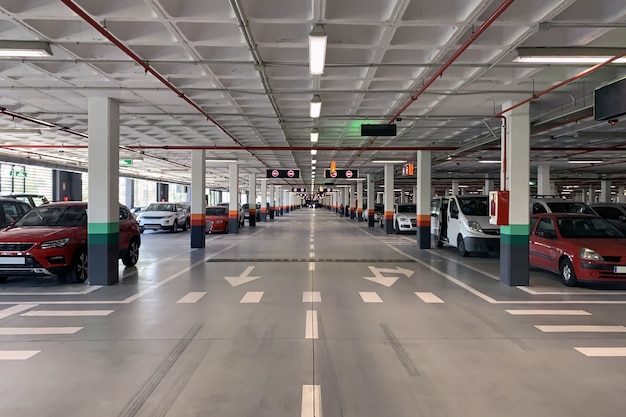 View of underground car park with parked cars