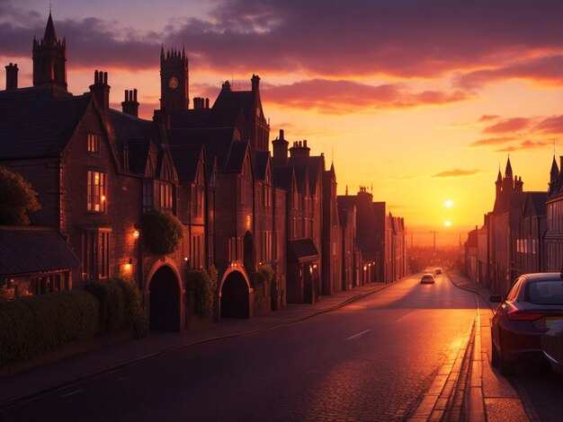 view of unique town Uk sunset