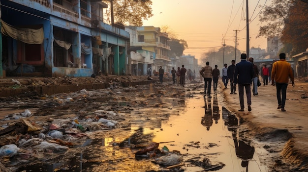 Вид на неизвестных непальцев, идущих по улице Катманду утром