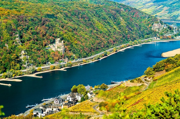 View of the Upper Middle Rhine Valley with Rheinstein and Reichenstein Castles.