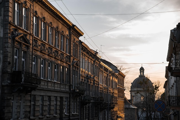 View of urban city street on sunset copy space