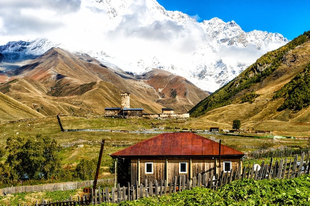 View of the Ushguli village at the foot of Mt. Shkhara