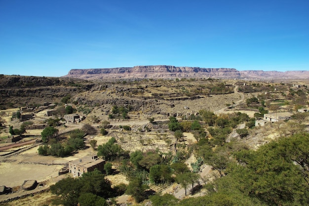 The view on valley of Shibam village in mountains of Yemen