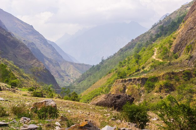 View of the valley and the suspension bridge in the Manaslu region