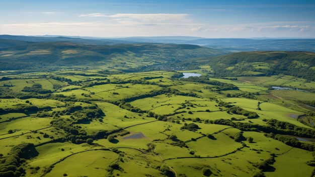 a view of a valley with a lake in the middle