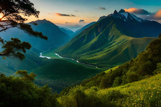 Вид на долину с горами на заднем плане