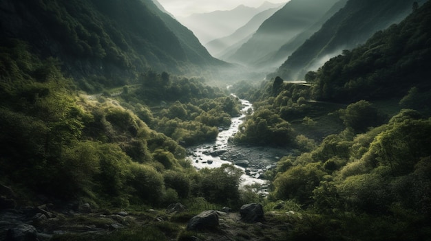 A view of a valley with mountains in the background.