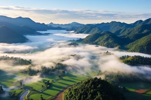 Photo a view of a valley with mountains and clouds in the background